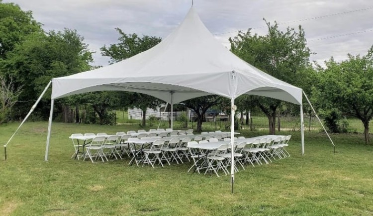 20 FT x 20 FT High Peak Package (Tent, Tables, Chairs) 20 FT x 20 FT High Peak Package (Tent, Tables, Chairs)